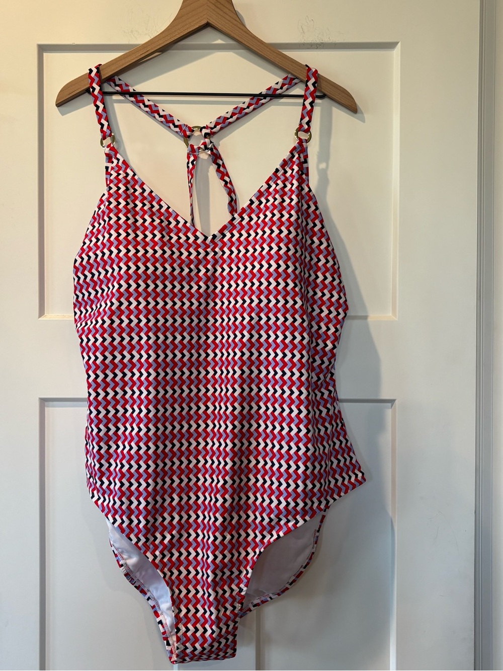 NWT Kona Sol Women's Plus Chevron Print One-Piece Swimsuit in Red White Blue 22
